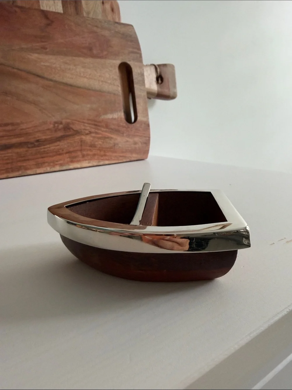 Pottery Barn Wood and Metal Boat Table Top Salt & Pepper Cellar with Spoon